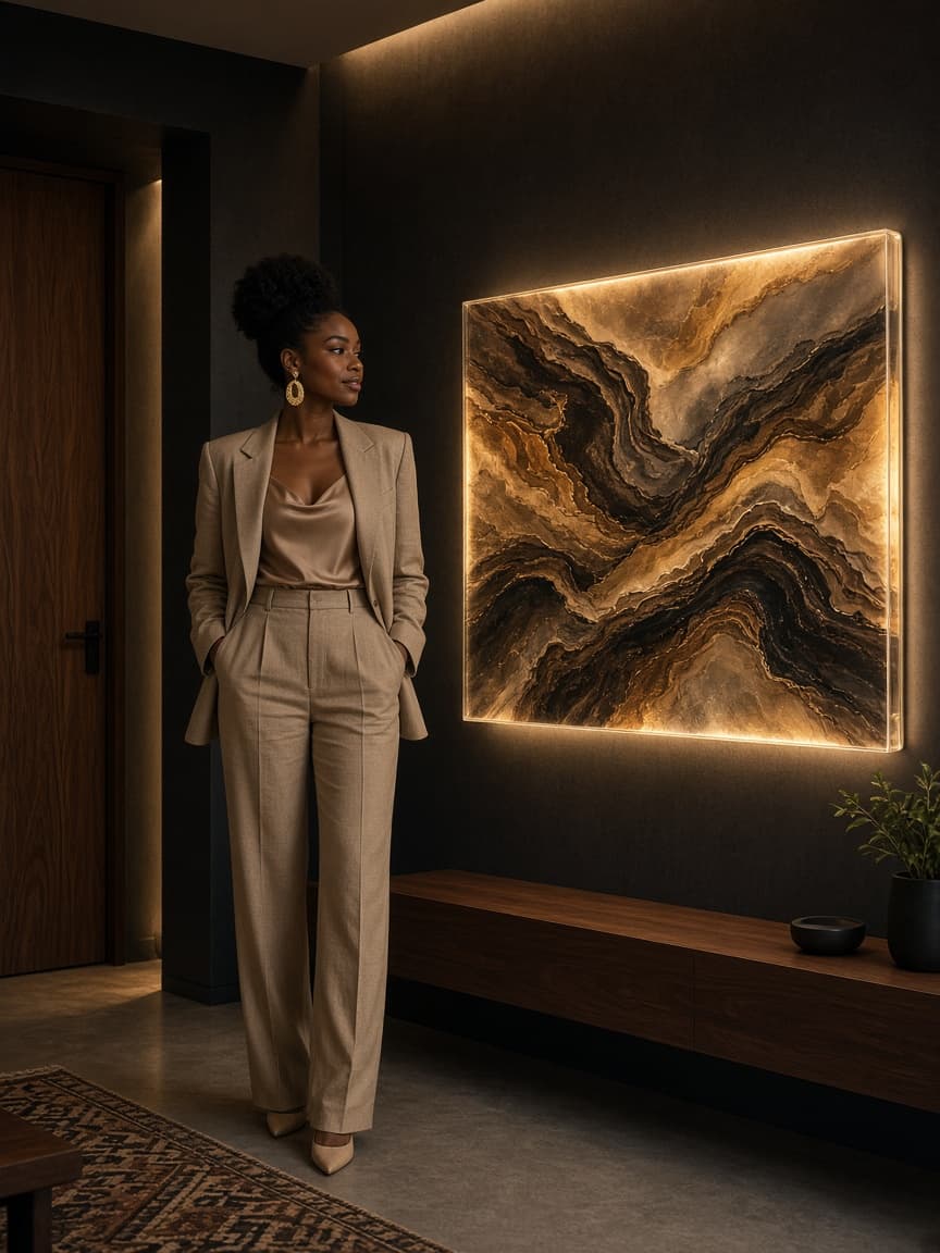 Nigerian woman beside acrylic portrait print
