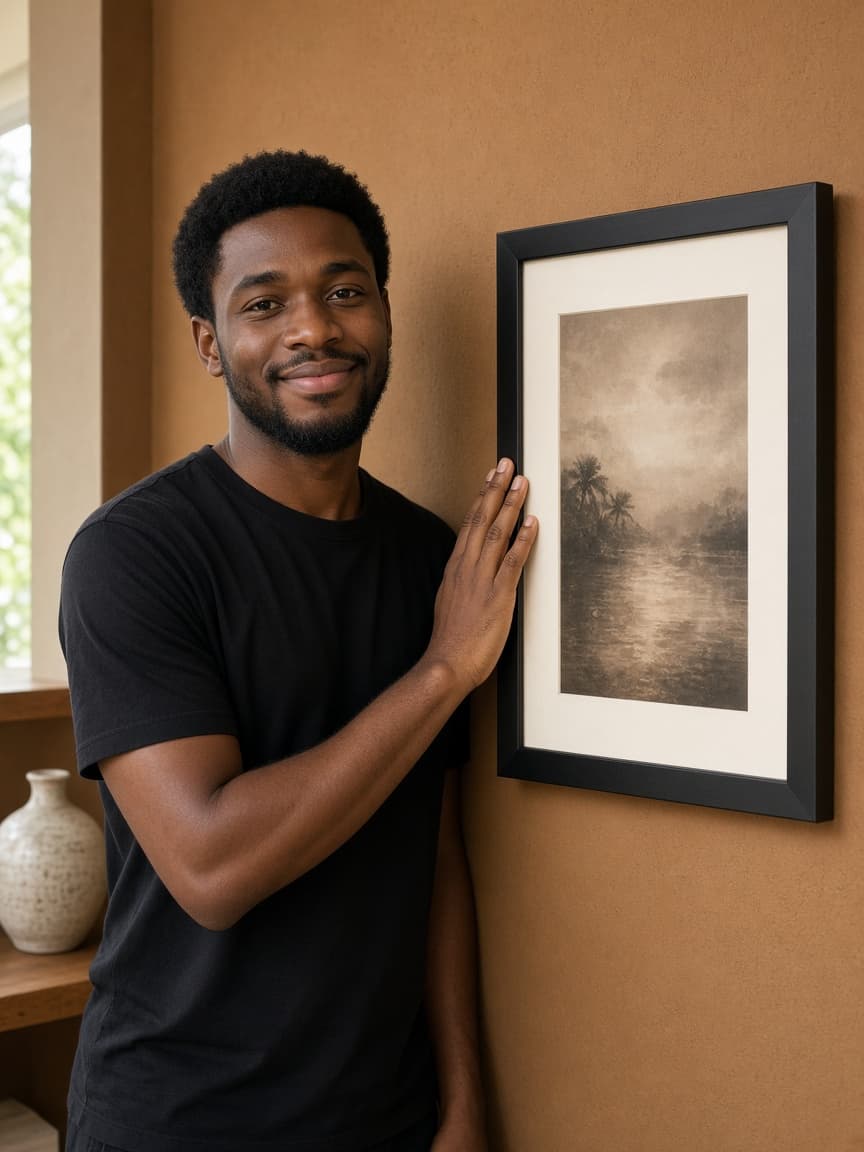Nigerian man beside a framed print on the wall