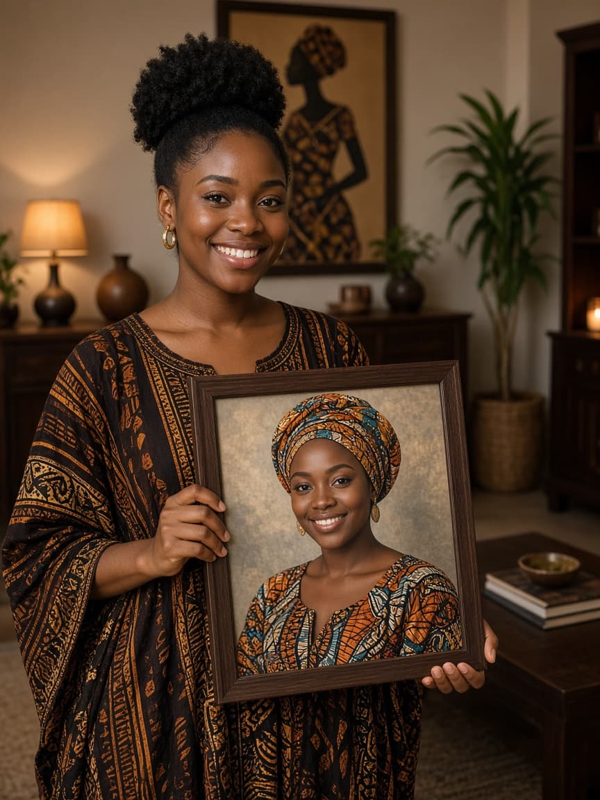 Nigerian woman holding a framed portrait