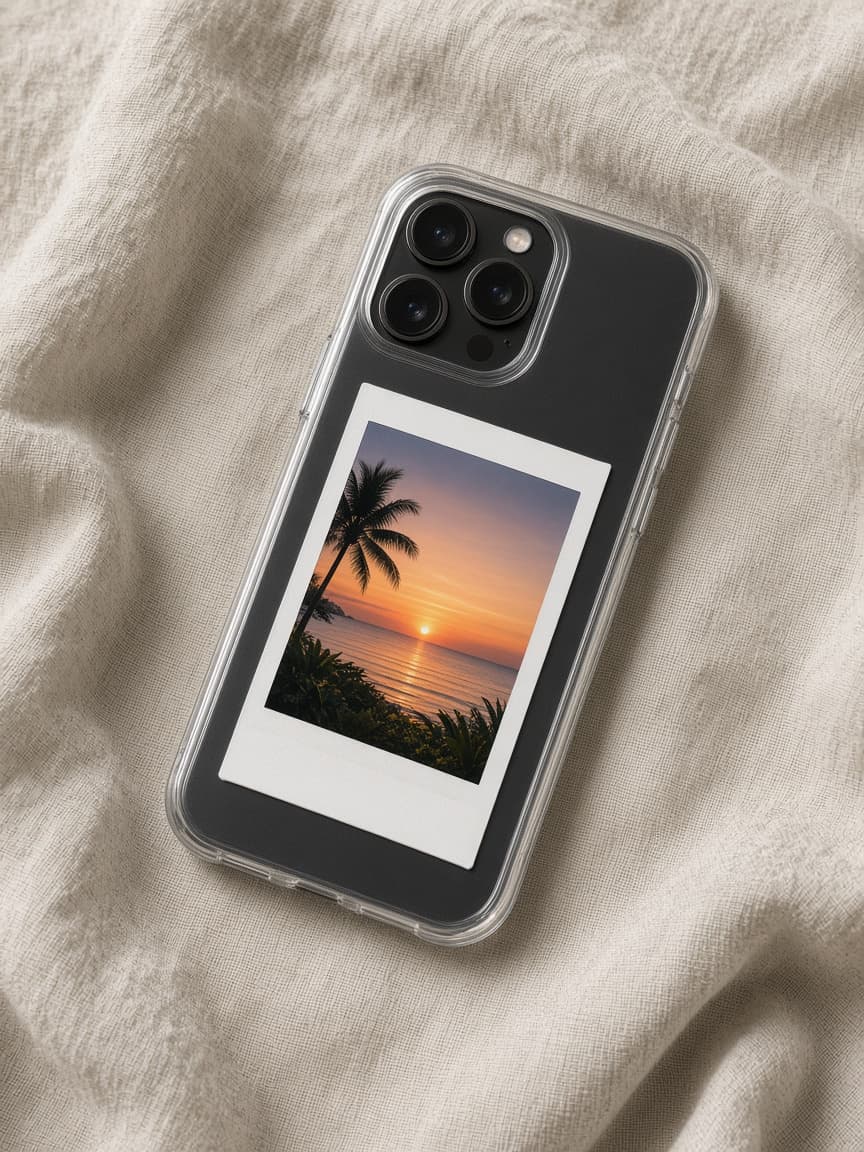Mini polaroid tucked in a clear phone case